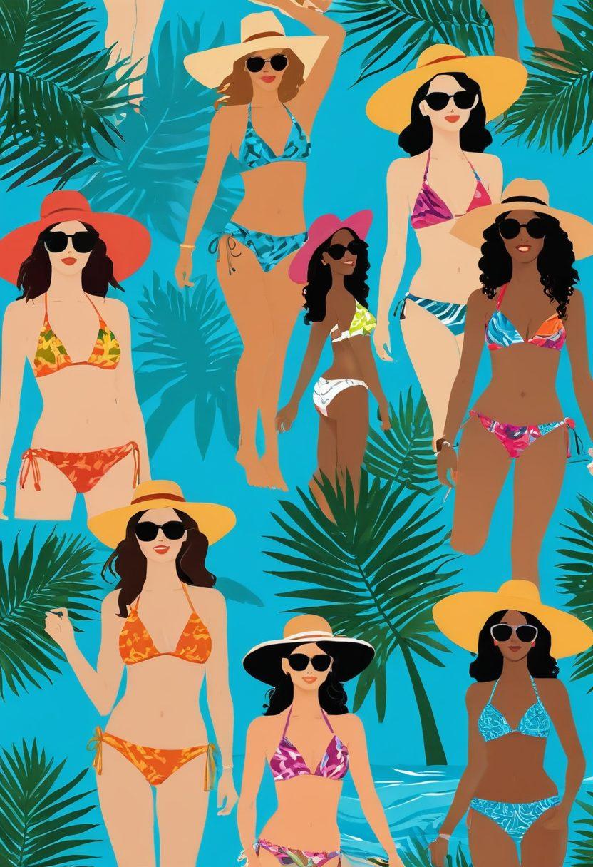 A vibrant beach scene featuring diverse women in trendy, colorful bikinis showcasing the latest summer styles. Include accessories like wide-brimmed hats and sunglasses, and stylish beach towels with tropical patterns. The background should have clear blue skies, palm trees, and gentle waves, evoking a sense of fun and relaxation. Bright and lively colors create an energetic atmosphere. vector art. vibrant colors. sunlight.